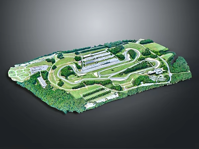 Aerial View Of Green Race Track With Curved Paths And Buildings 3d model
