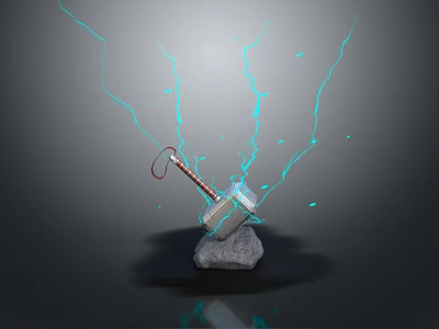 Mystical Thor's Hammer Embedded in Stone with Bright Blue Lightning Effects 3d model