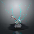Mystical Thor's Hammer Embedded in Stone with Bright Blue Lightning Effects