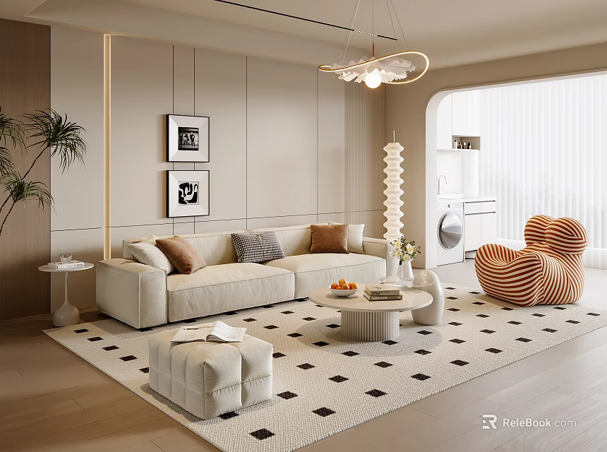Modern Living Room Featuring Beige Sofa Throw Pillows Round Coffee Table Unique Chair Checkered Rug 3d model 