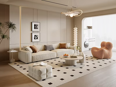 Modern Living Room Featuring Beige Sofa Throw Pillows Round Coffee Table Unique Chair Checkered Rug 3d model