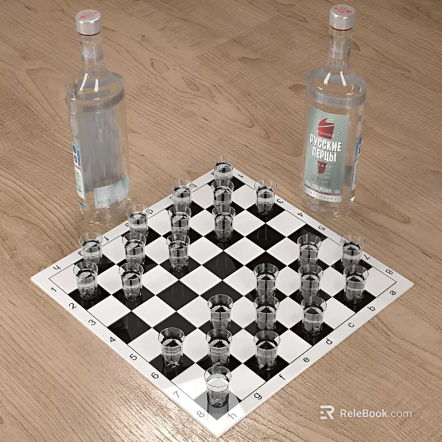 Vodka Bottles And Glasses Arranged As Chess Pieces On Black White Checkered Board 3d model 
