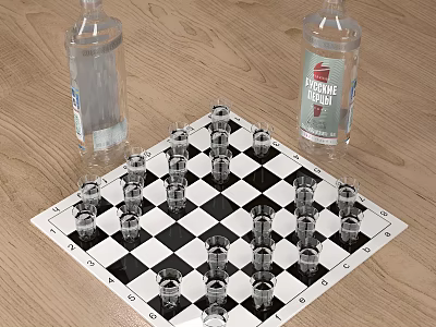 Vodka Bottles And Glasses Arranged As Chess Pieces On Black White Checkered Board 3d model