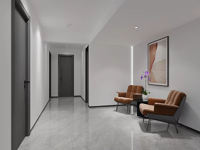 Elevator Hallway With Minimalist Design Neutral Tones Comfortable Armchairs Decorative Painting And Soft Lighting 3d model