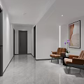 Elevator Hallway With Minimalist Design Neutral Tones Comfortable Armchairs Decorative Painting And Soft Lighting