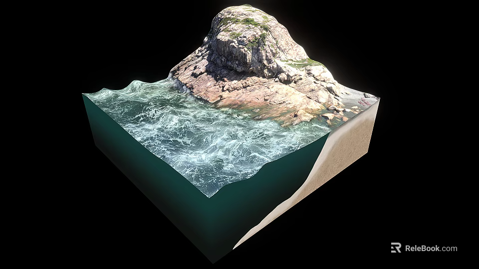 3D Model of Rocky Island with Ocean Water and Layered Underwater Structure 3d model 