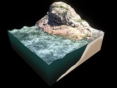 3D Model of Rocky Island with Ocean Water and Layered Underwater Structure 3d model