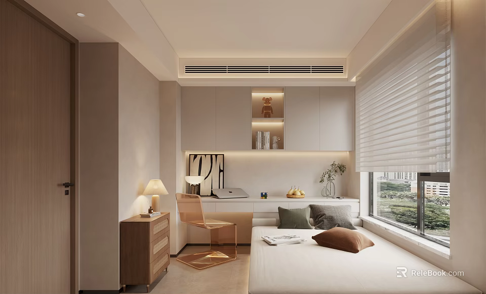 Tatami Bedroom Interior Design With Bed Window Desk Cabinet And Natural Light Decor 3d model 