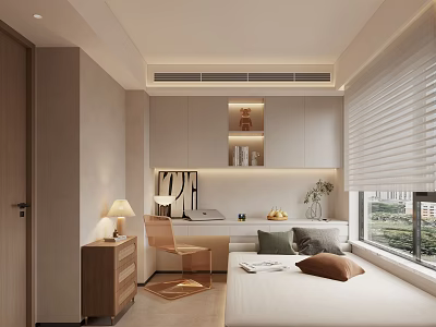Tatami Bedroom Interior Design With Bed Window Desk Cabinet And Natural Light Decor 3d model