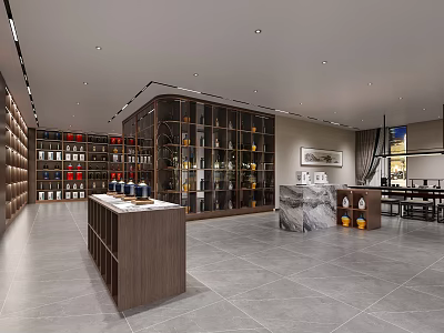 Tobacco and Liquor Store Interior Design With Wooden Display Shelves And Glass Wine Cabinets 3d model