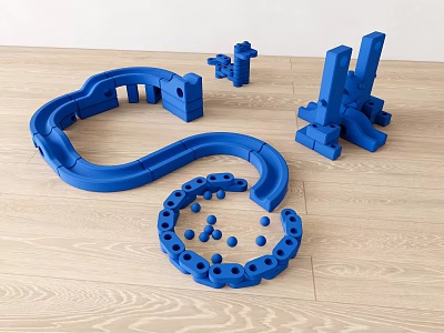 Blue Industrial Equipment Components With Curved Tracks And Circular Parts On Wooden Floor 3d model