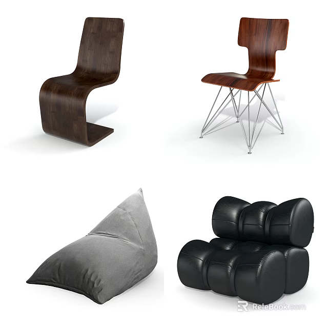 Modern Leisure Chairs With Wooden Curved Metal Legs Gray Bean Bag And Black Leather Designs 3d model 