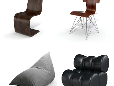 Modern Leisure Chairs With Wooden Curved Metal Legs Gray Bean Bag And Black Leather Designs 3d model