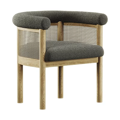 Modern Accent Chair With Wooden Frame Rattan Backrest And Gray Cushion 3d model