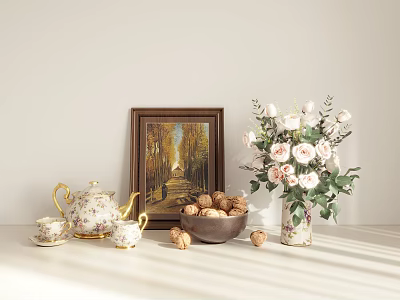 Elegant Decorative Ornament Set With Framed Painting Teapot Teacups Walnuts And Flower Vase Bouquet 3d model