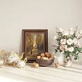 Elegant Decorative Ornament Set With Framed Painting Teapot Teacups Walnuts And Flower Vase Bouquet