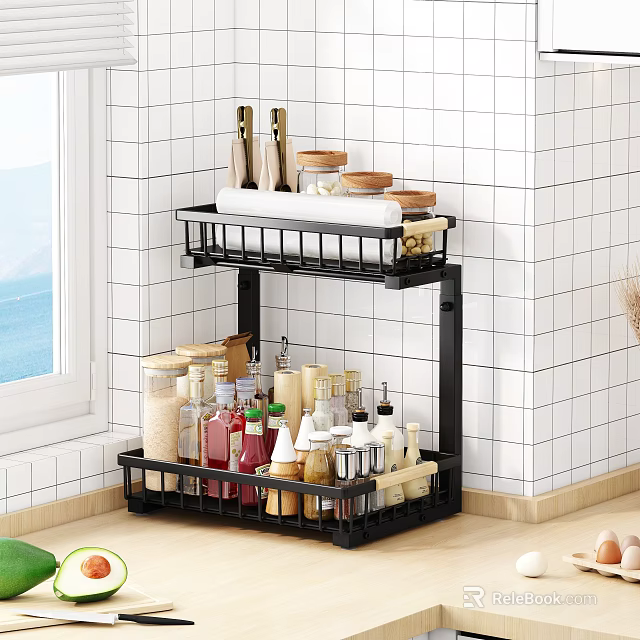Black Two Tier Kitchen Storage Rack Organizing Spice Jars Dishes And Cooking Supplies 3d model 
