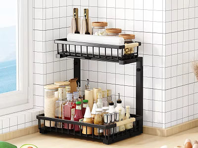 Black Two Tier Kitchen Storage Rack Organizing Spice Jars Dishes And Cooking Supplies 3d model