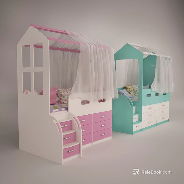 Cute Kids Bed with House Shaped Roof Pink Blue Canopy Curtains and Storage Drawers 3d model 