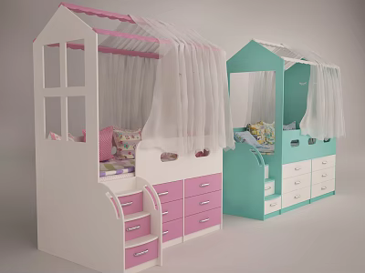 Cute Kids Bed with House Shaped Roof Pink Blue Canopy Curtains and Storage Drawers 3d model