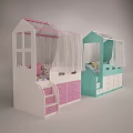 Cute Kids Bed with House Shaped Roof Pink Blue Canopy Curtains and Storage Drawers