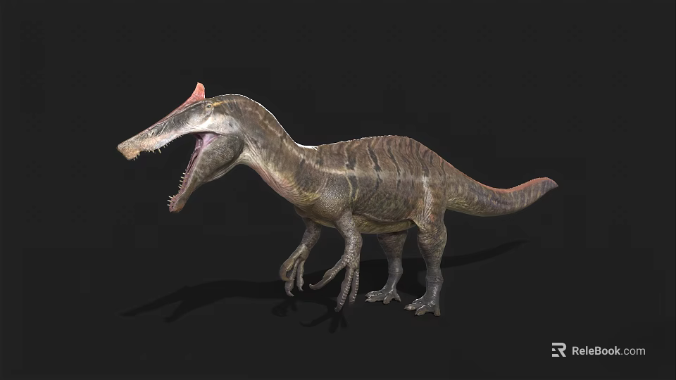 Realistic Dinosaur Model With Open Mouth Red Crest And Striped Body 3d model 
