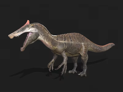 Realistic Dinosaur Model With Open Mouth Red Crest And Striped Body 3d model