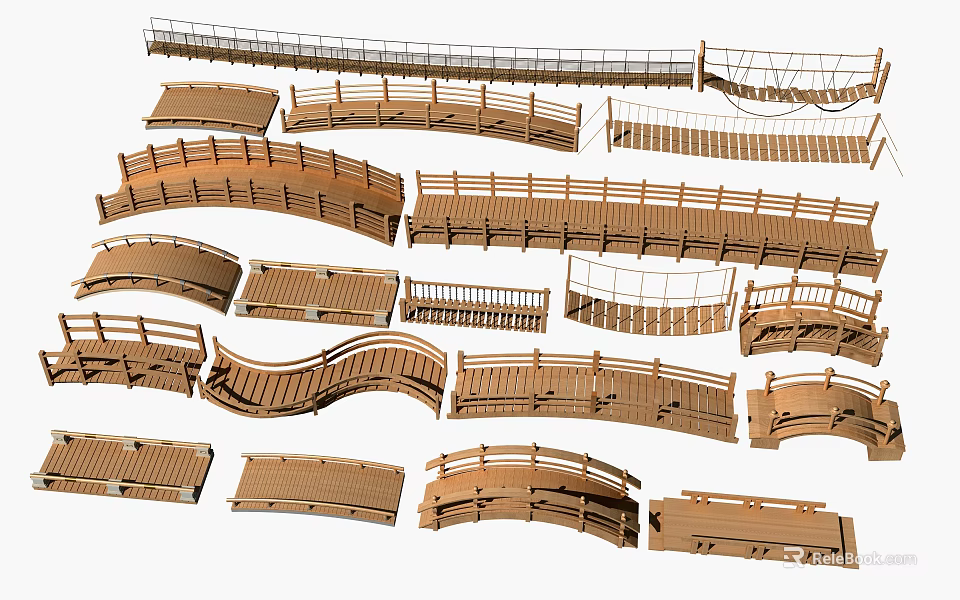 Various Wooden Garden Landscape Bridges With Curved And Straight Designs 3d model 