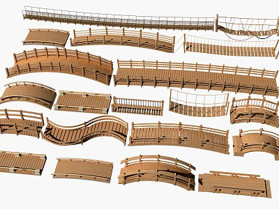 Various Wooden Garden Landscape Bridges With Curved And Straight Designs 3d model