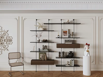 Modern Multi Tiered Open Shelving Unit With Decorative Items Books And Ceramic Ornaments 3d model