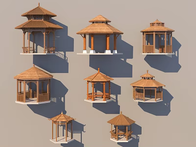 Various Traditional Wooden Gazebos With Different Roof And Design Styles 3d model
