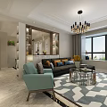 Modern Dining Room Featuring Stylish Chandelier White Table And Blue Chairs