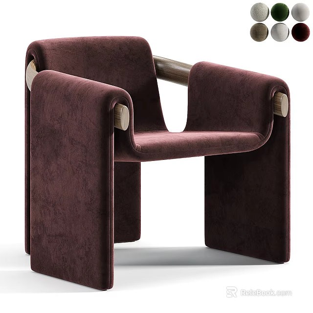 Modern Burgundy Velvet Accent Chair With Wooden Armrests And Sleek Design 3d model 