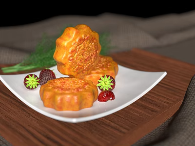 Delicious Traditional Mooncakes On White Plate With Fresh Strawberries And Green Garnish 3d model