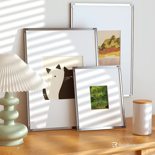 Decorative Ornament Set With Framed Artworks Table Lamp And Decor Items For Cozy Home Interior 3d model 