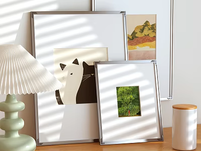 Decorative Ornament Set With Framed Artworks Table Lamp And Decor Items For Cozy Home Interior 3d model