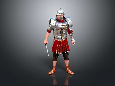 Man Dressed As Roman Soldier In Silver Armor With Red Tunic And Sword 3d model