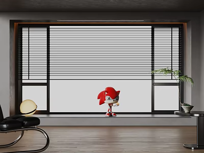 Window Blinds In Modern Room With Red Doll Green Plant Black Chair And Wooden Floor 3d model