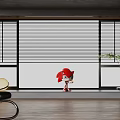 Window Blinds In Modern Room With Red Doll Green Plant Black Chair And Wooden Floor