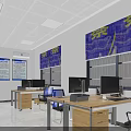 Administrative Service Hall Interior With Blue Walls Desks Chairs File Cabinets And Computers