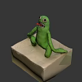 Green Plush Game Movie Character Sitting With Big Eyes Open Mouth And Teeth