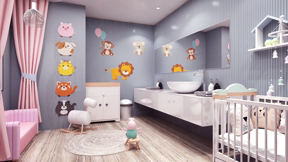 Adorable Baby Bathroom Featuring Cartoon Animal Stickers Rocking Chair Crib Sink And Mirror 3d model 