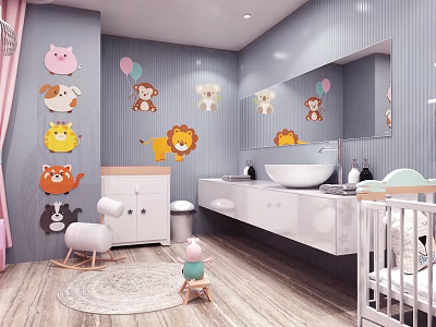 Adorable Baby Bathroom Featuring Cartoon Animal Stickers Rocking Chair Crib Sink And Mirror 3d model