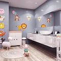 Adorable Baby Bathroom Featuring Cartoon Animal Stickers Rocking Chair Crib Sink And Mirror