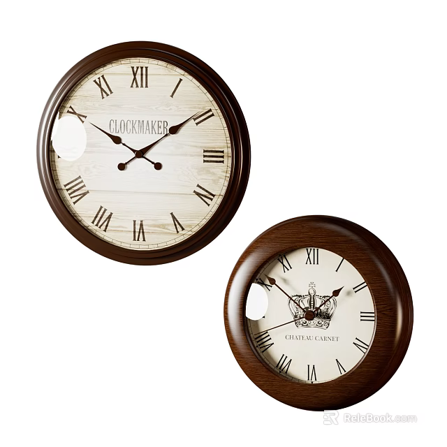 Two Vintage Wooden Frame Wall Clocks With Roman Numerals And Classic Design 3d model 