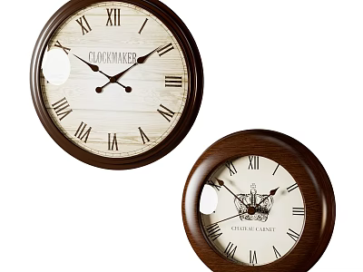 Two Vintage Wooden Frame Wall Clocks With Roman Numerals And Classic Design 3d model