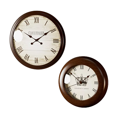 Two Vintage Wooden Frame Wall Clocks With Roman Numerals And Classic Design 3d model