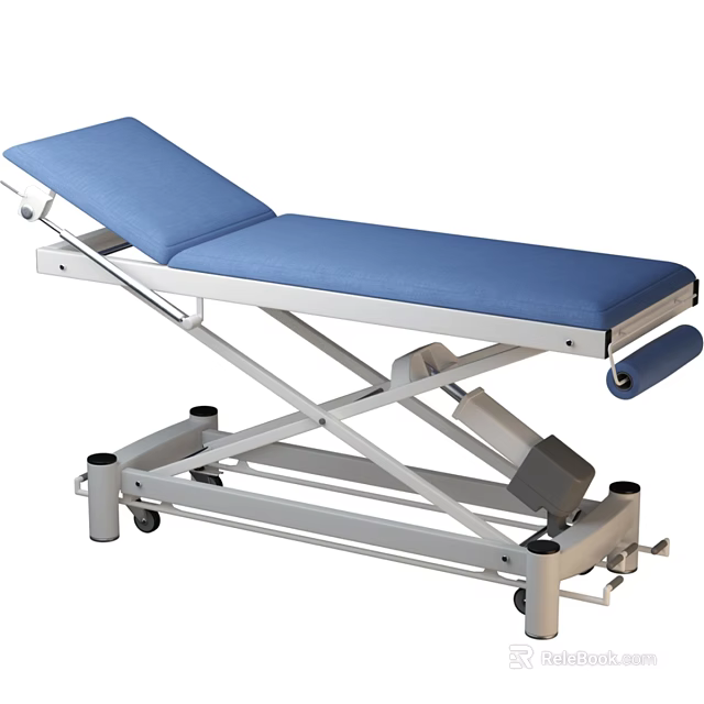 Adjustable Medical Examination Table With Blue Padded Surface And Metal Frame Wheels 3d model 