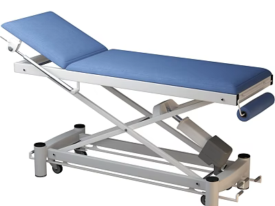 Adjustable Medical Examination Table With Blue Padded Surface And Metal Frame Wheels 3d model