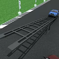 Blue BMW SUV Climbing Outdoor Test Ramp in Scenic Sky Background